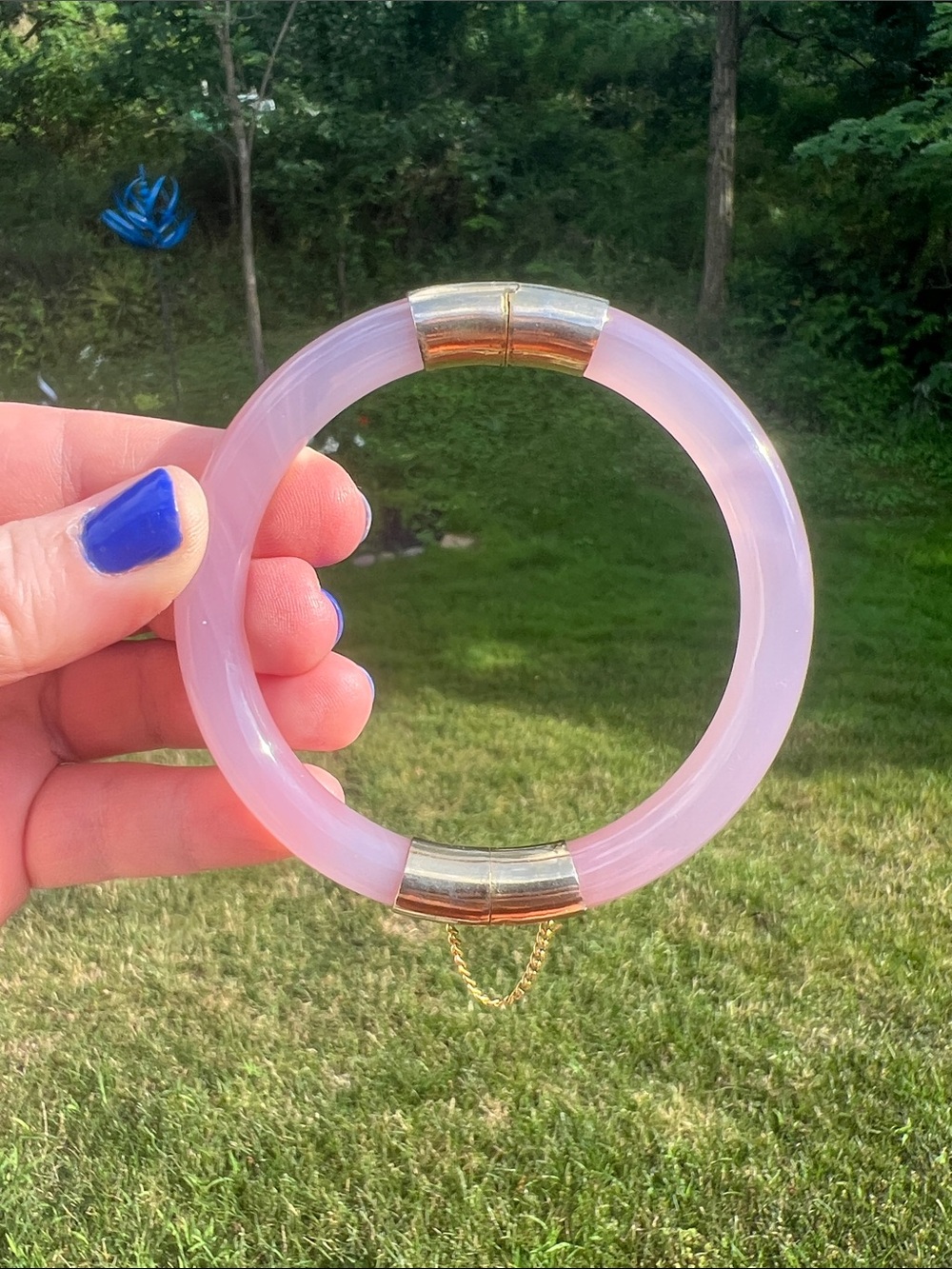 Vintage Pink Peking Glass Gold Plated Hinged Bangle Bracelet